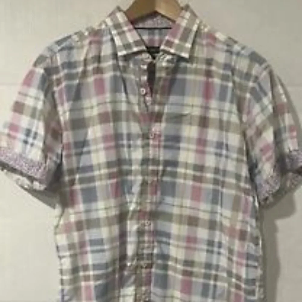 Bugatchi Men's M Button-Up Plaid Cotton Shaped Fit Short Sleeve Shirt - Picture 4 of 7
